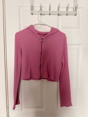 Hollister Pink Ribbed Cropped Zip Hoodie